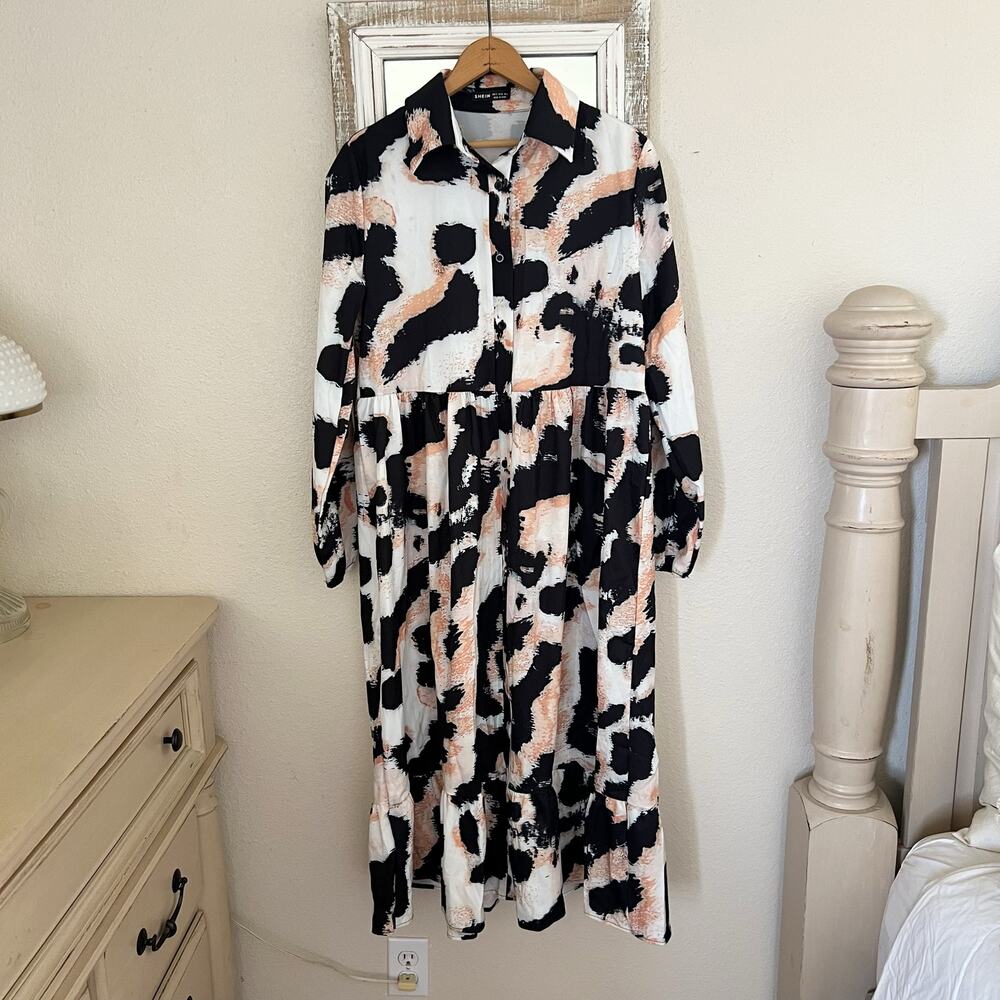 SHEIN Allover Print Bishop Sleeve Ruffle Hem Smock Dress Size S